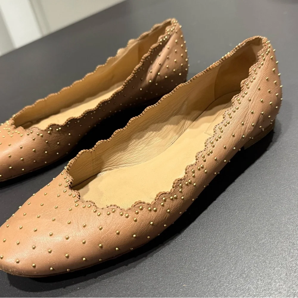 Chloe Studded Scalloped Leather Flats - Tan - Picture 2 of 5
